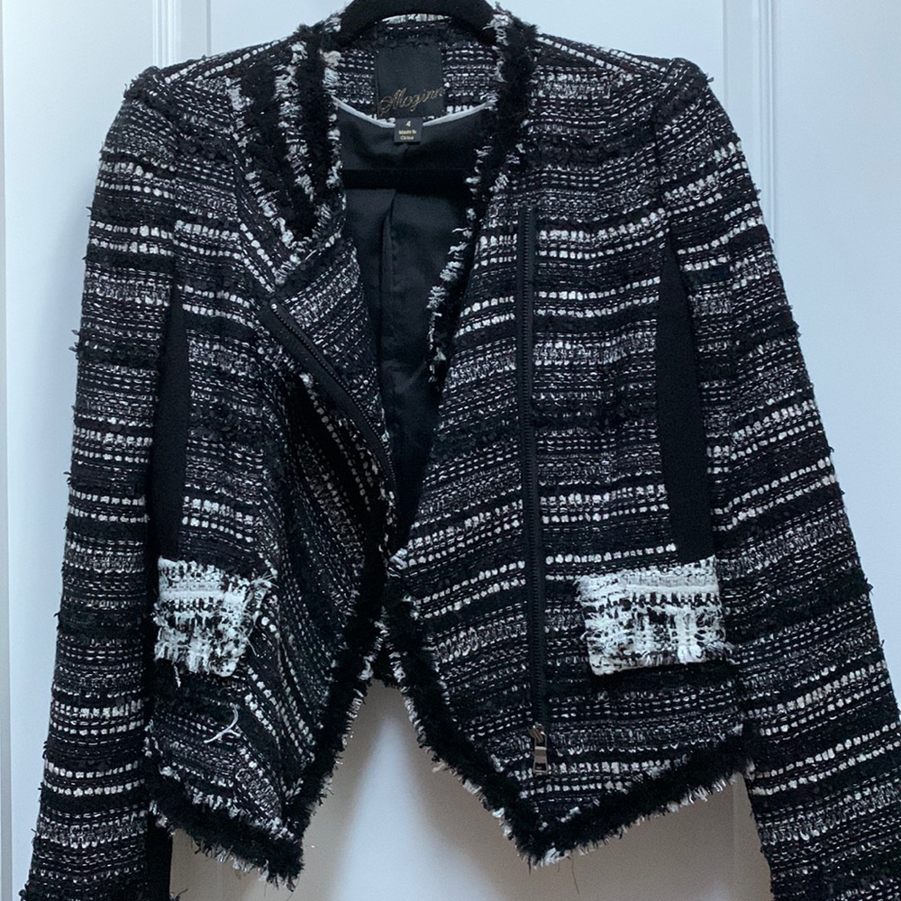 Mcginn Black White Tweed Boucle Metallic Moto Crop Fray Raw Edge Blazer Jacket